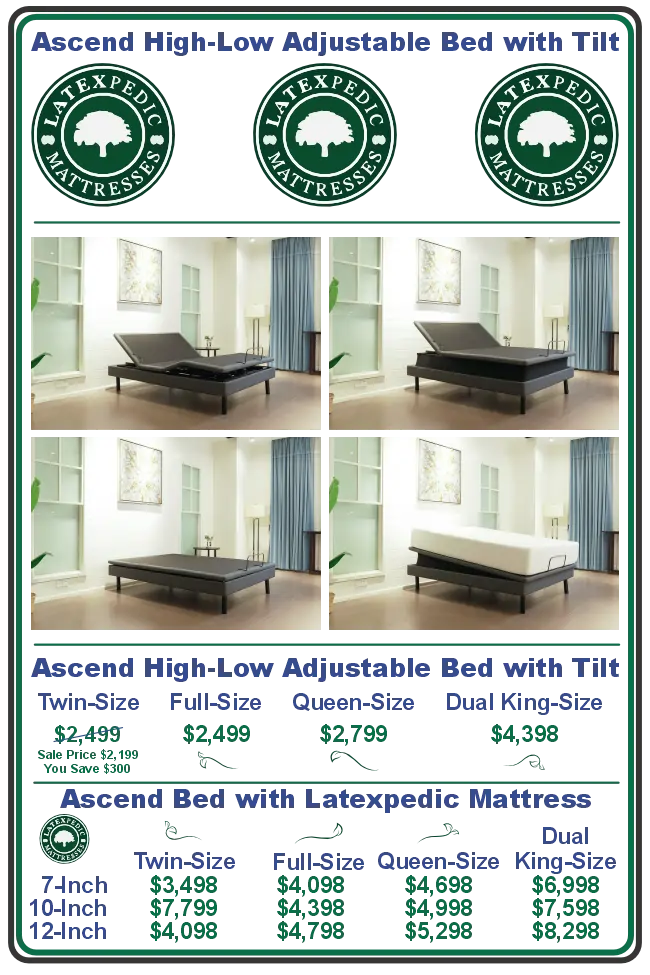 Ascend high-low adjustable bed with tilt and natural latex mattress prices
